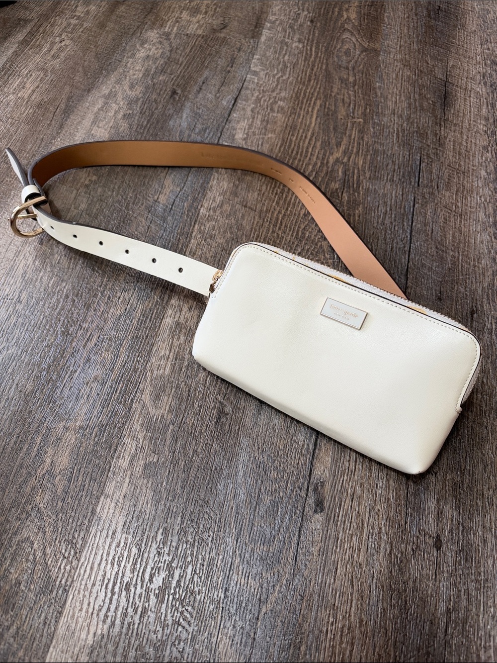 kate spade Cream Leather Crossbody Belt Bag with Tan Strap and Gold Hardware